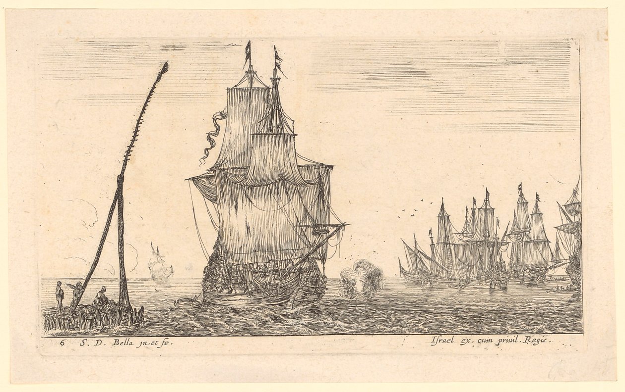 Seestück mit großem Schiff und Leuchtfeuer im Vordergrund von Stefano della Bella