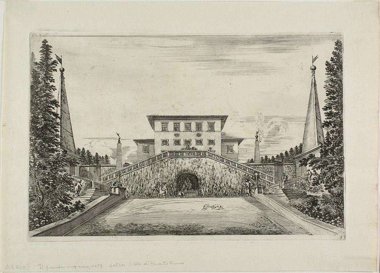 Südliche Fassade der Villa und die große Wiese, aus Ansichten der Villa Pratolino von Stefano della Bella