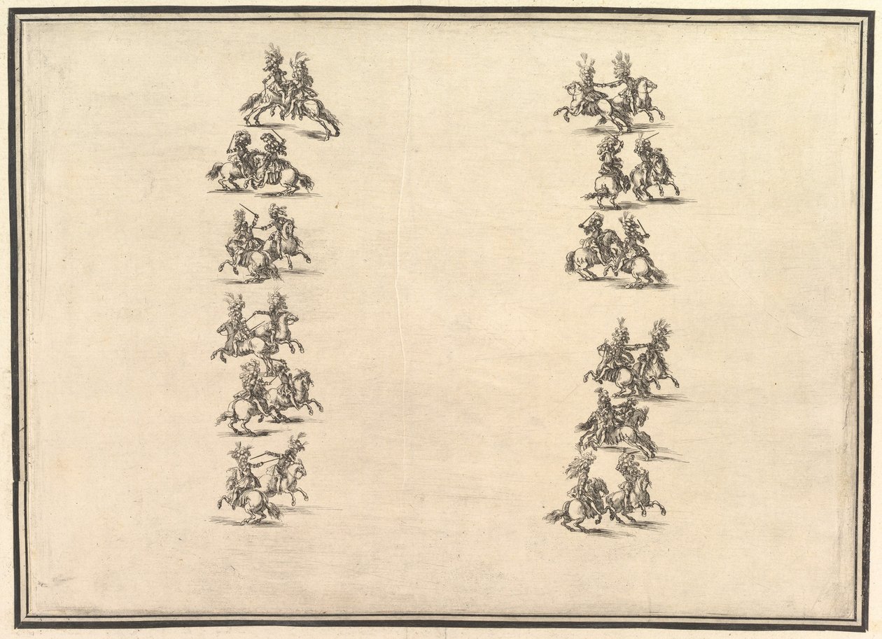 Vierundzwanzig Reiter duellieren sich und bilden zwei Kolonnen, aus La Gara delle Stagioni von Stefano della Bella
