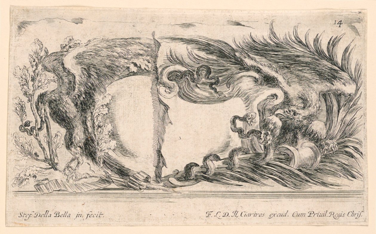 Zwei Hälften von Wappenschilden, Nr. 14 aus "Raccolta di varii cappriccii et nove inventioni di cartelle et ornamenti" von Stefano della Bella