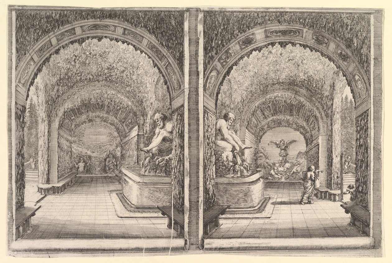 Zwei Ansichten einer Grotte, beide Ansichten mit einem Brunnen mit einer sitzenden Statue, ca. 1653 von Stefano della Bella