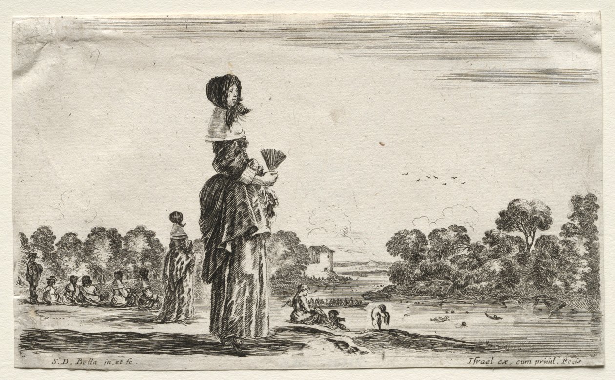 Verschiedene Figuren und Landschaften: Frauen beobachten Badende an einem Fluss, 1649 von Stefano della Bella
