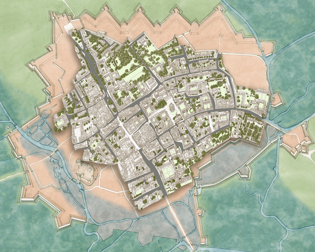 Modernes Oxford über den Verteidigungsanlagen des Bürgerkriegs, ca. 1644-1646 von Stephen Conlin