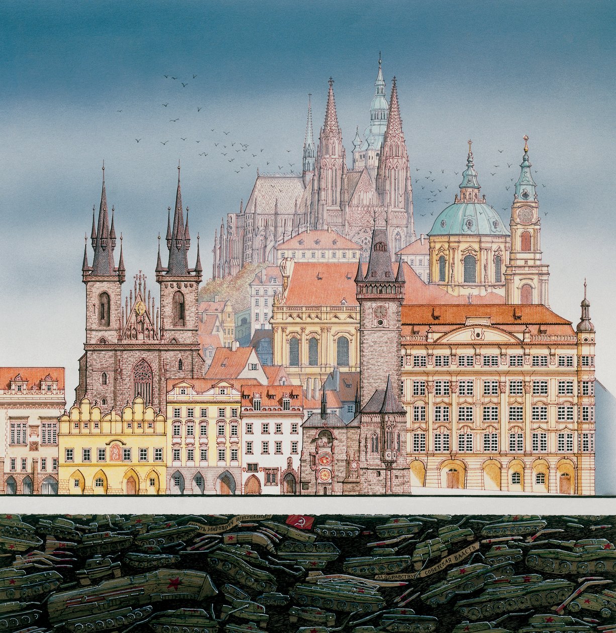 Prager Gebäude und russische Panzer, ca. 1980-1991 von Stephen Conlin