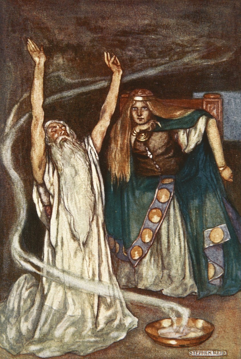 Königin Maeve und der Druide, Illustration aus 'Cuchulain, The Hound of ...