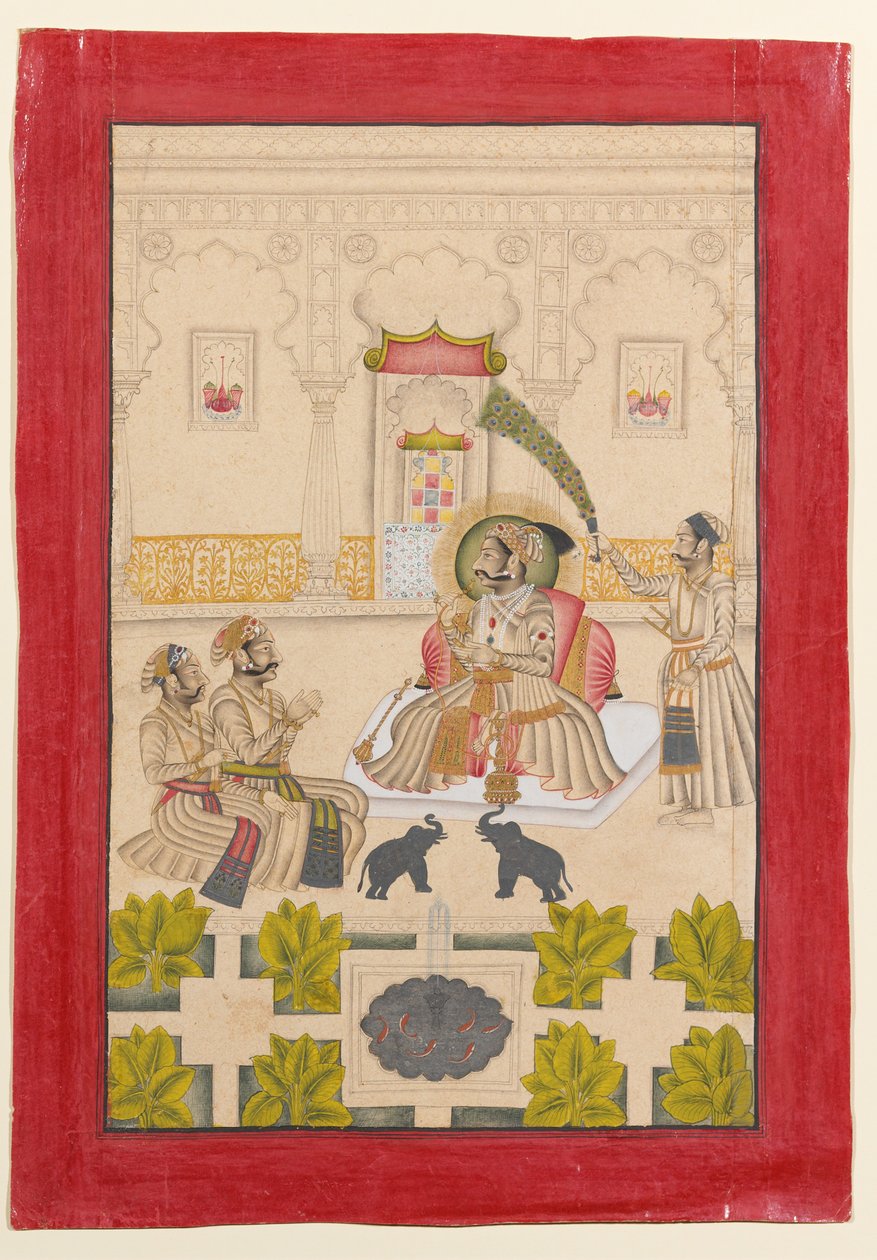 Maharana Amar Singh II. werden zwei silberne Elefanten gezeigt von Stipple Master