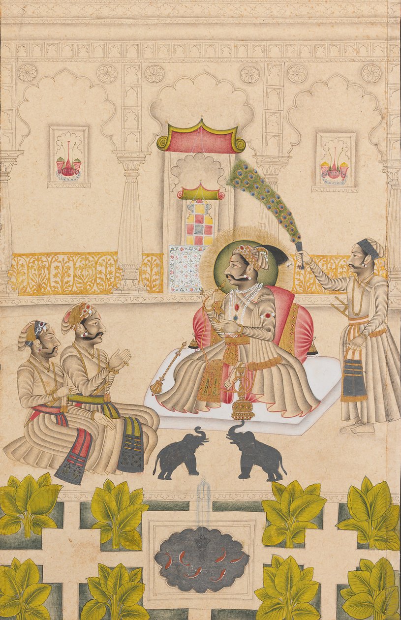 Maharana Amar Singh II zeigt zwei silberne Elefanten, ca. 1705 von Stipple Master