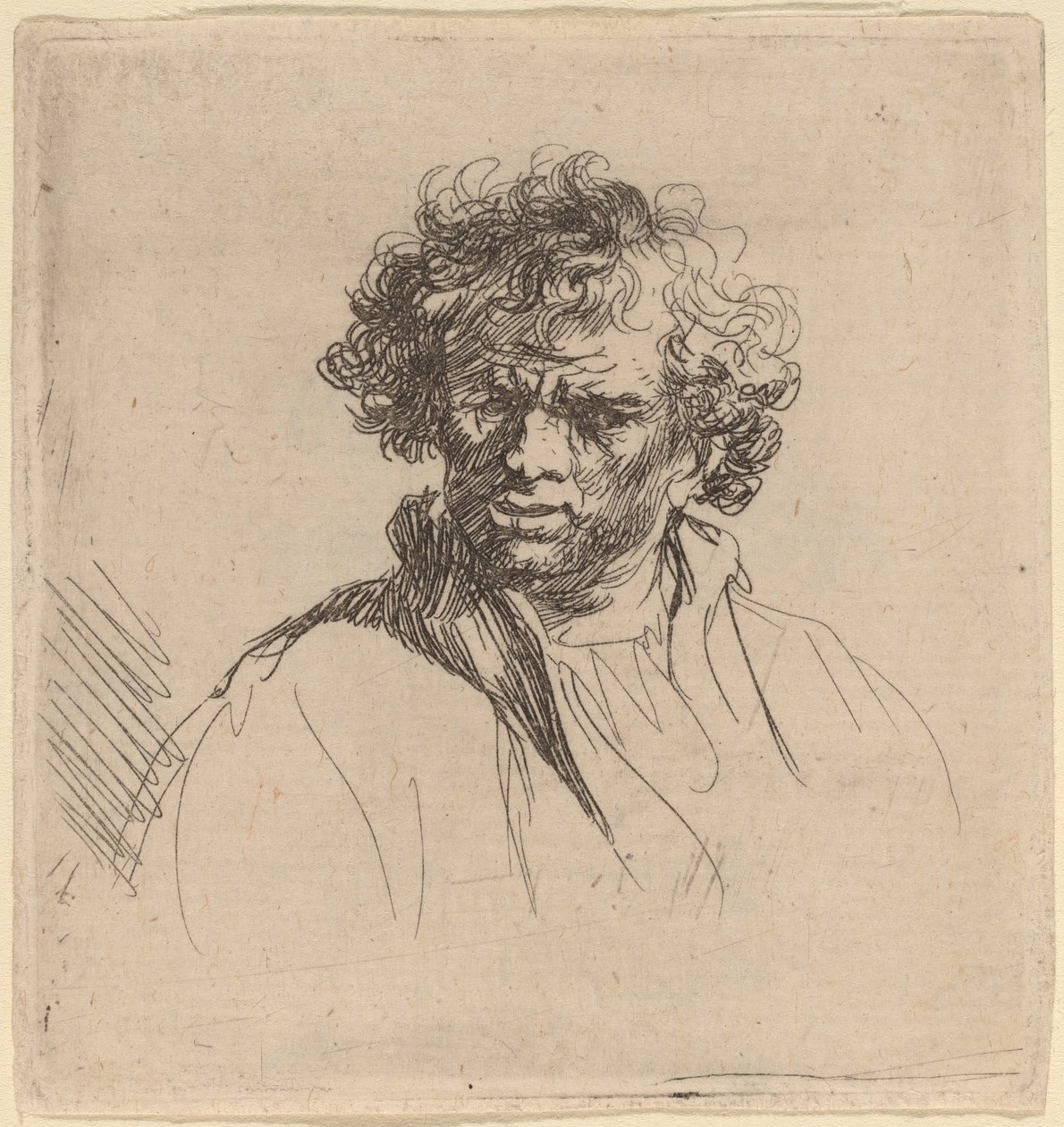 Lockenkopf mit schiefem Mund von Studio of Rembrandt van Rijn