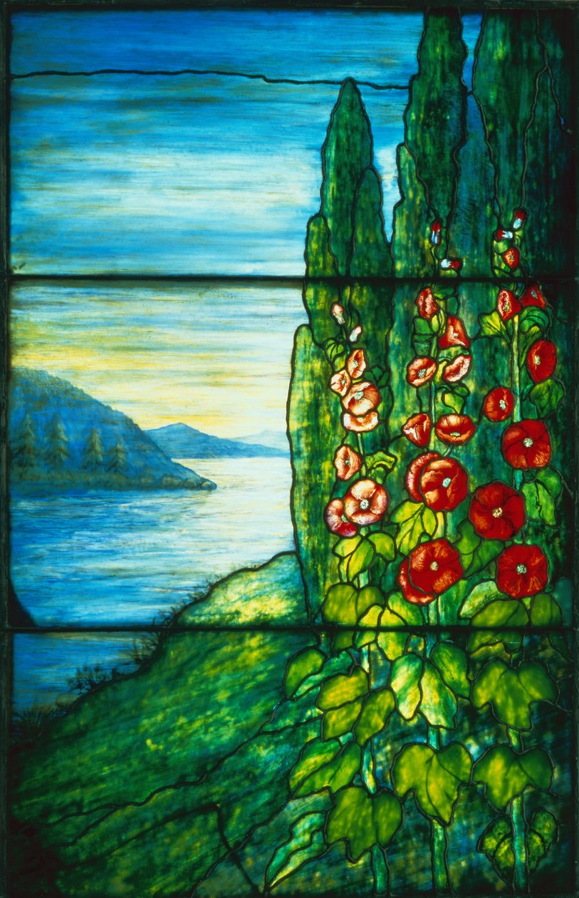 Seelandschaft mit blühenden Stockrosen von Studios Tiffany