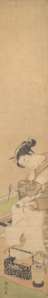 Eine Oiran auf einem Bett sitzend, einen Brief schreibend von Suzuki Harunobu