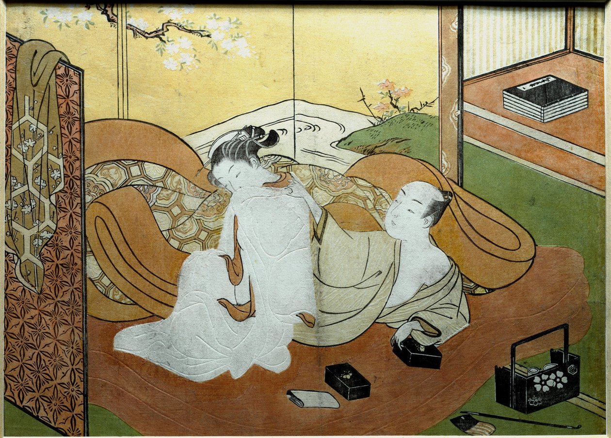 歌枕　 DIE KUNST DER LIEBE IM ALTEN JAPAN Liebespaar, das in einem Innenraum mit Paravent liegt