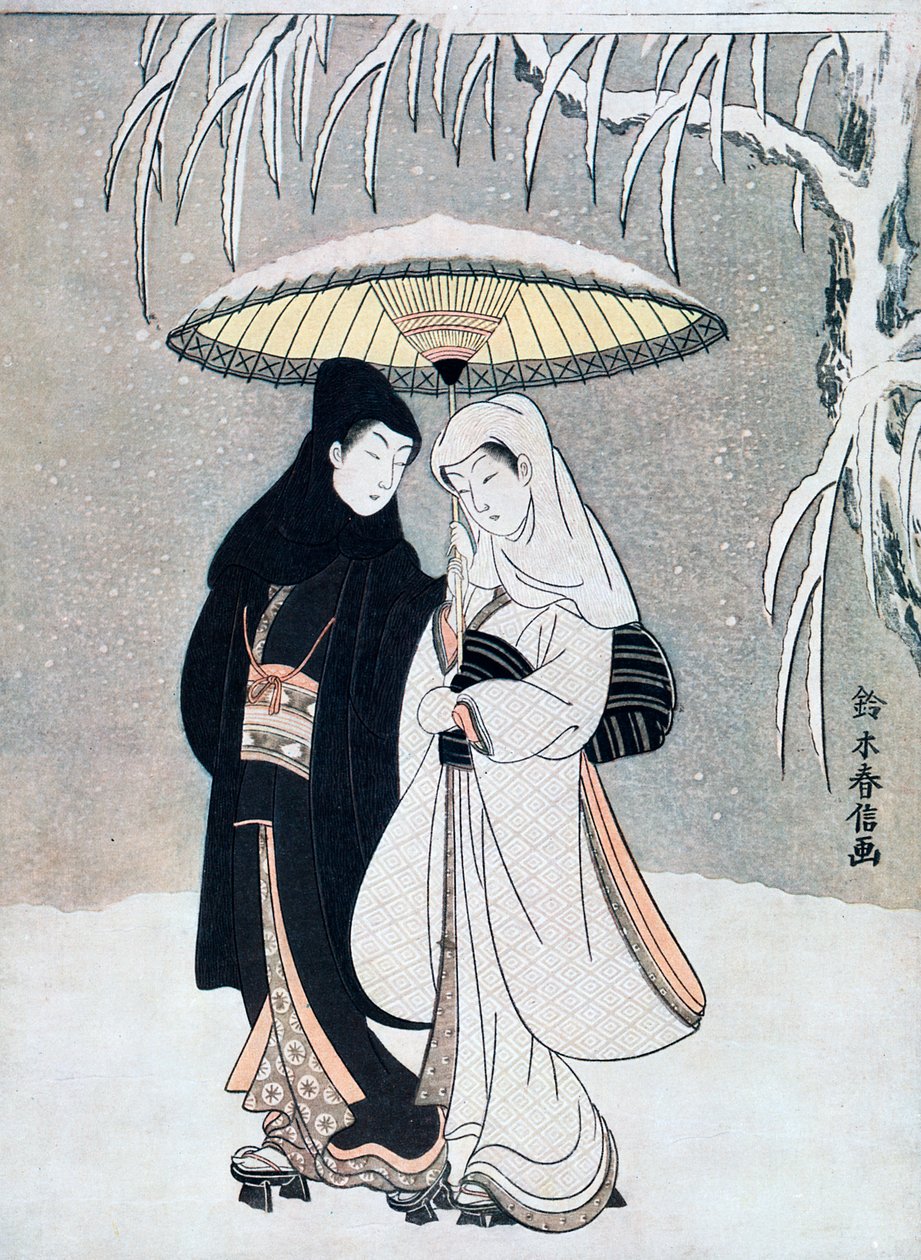 Krähe und Reiher oder junge Liebende, die zusammen unter einem Regenschirm im Schneesturm spazieren, ca. 1769 von Suzuki Harunobu