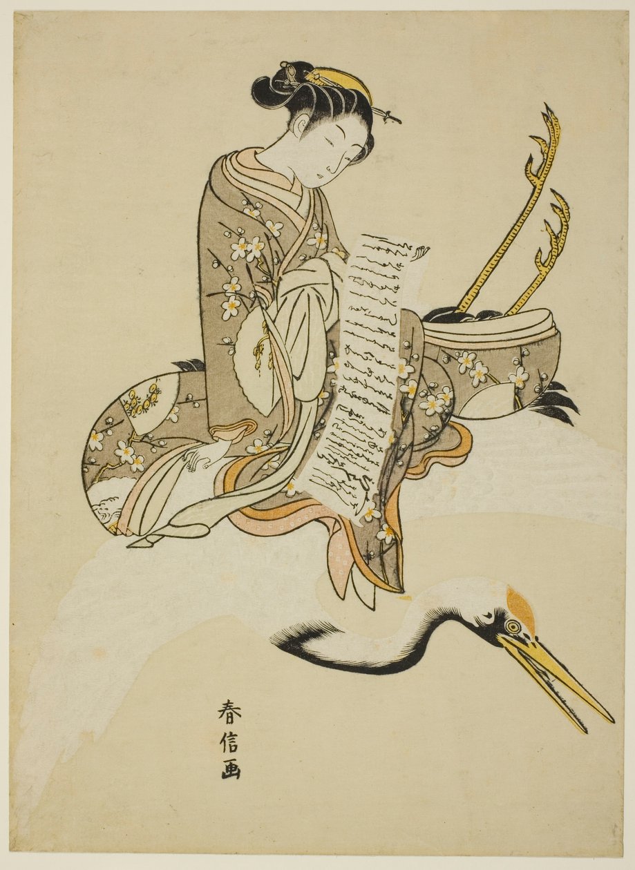 Mädchen reitet auf einem Kranich (Parodie auf Hi Chobo [Chinesisch: Fei Zhangfang]) von Suzuki Harunobu