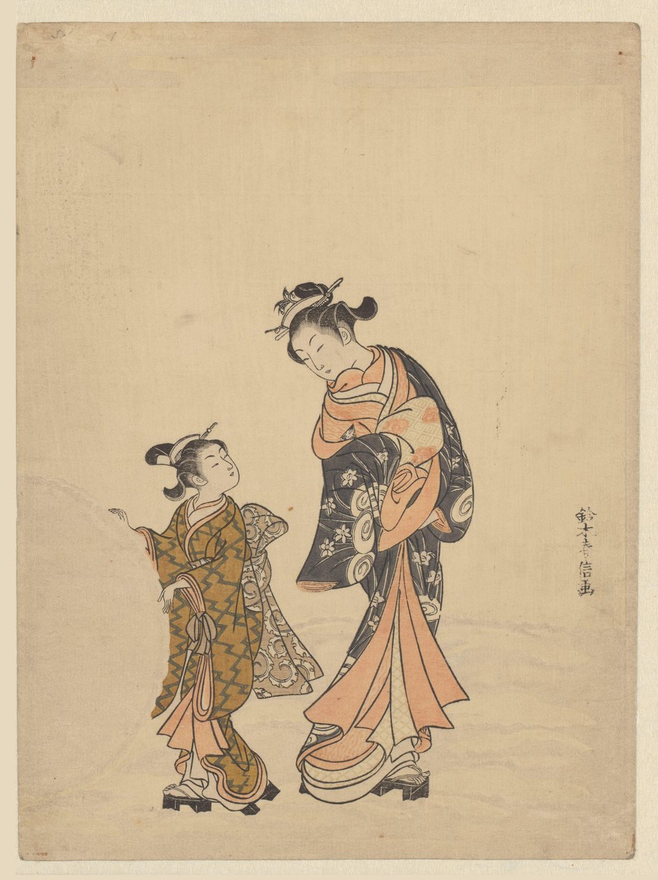 Junge Frau und Mädchen bei Schneeball von Suzuki Harunobu
