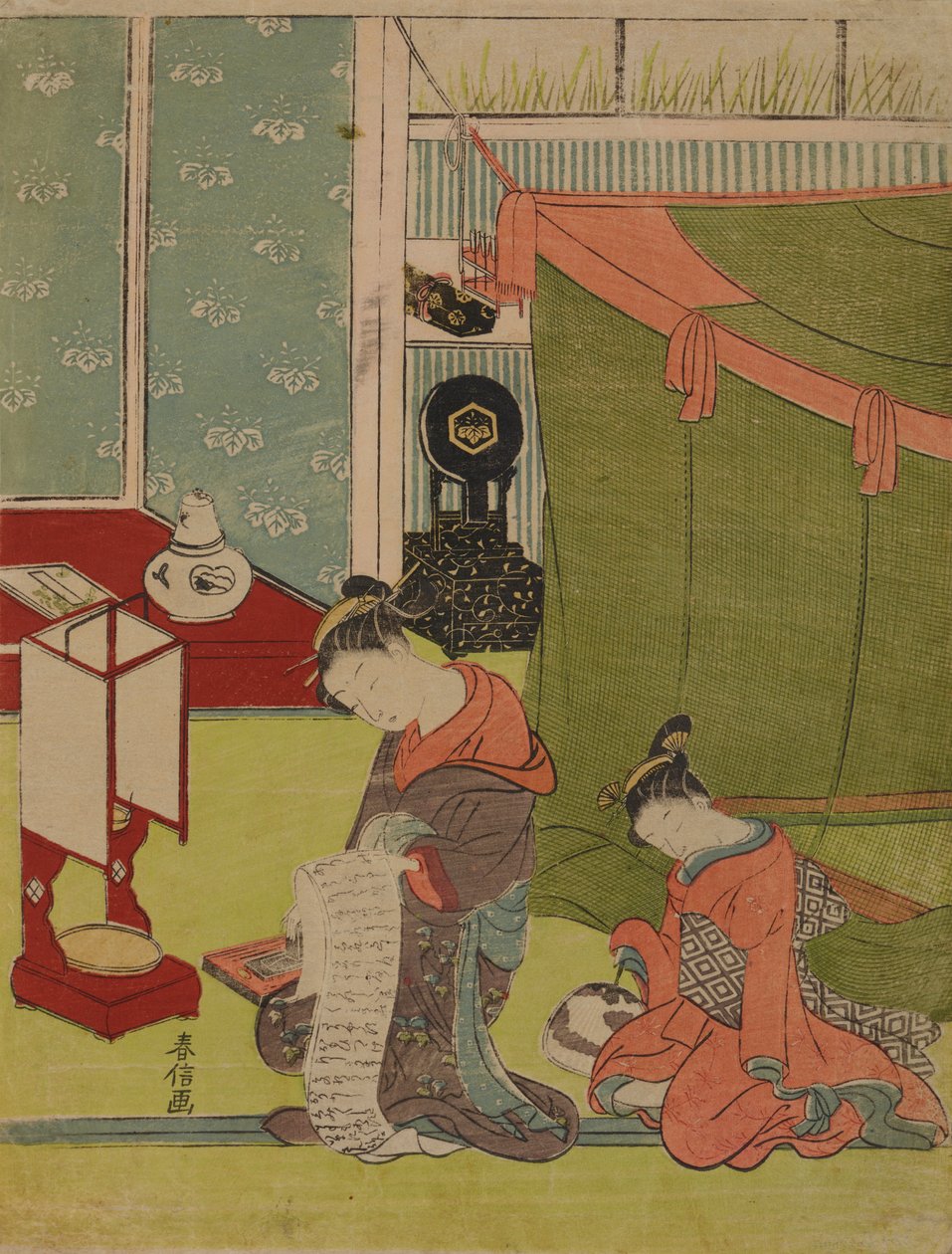 Kurtisane und ihre Dienerin im Schlafzimmer von Suzuki Harunobu