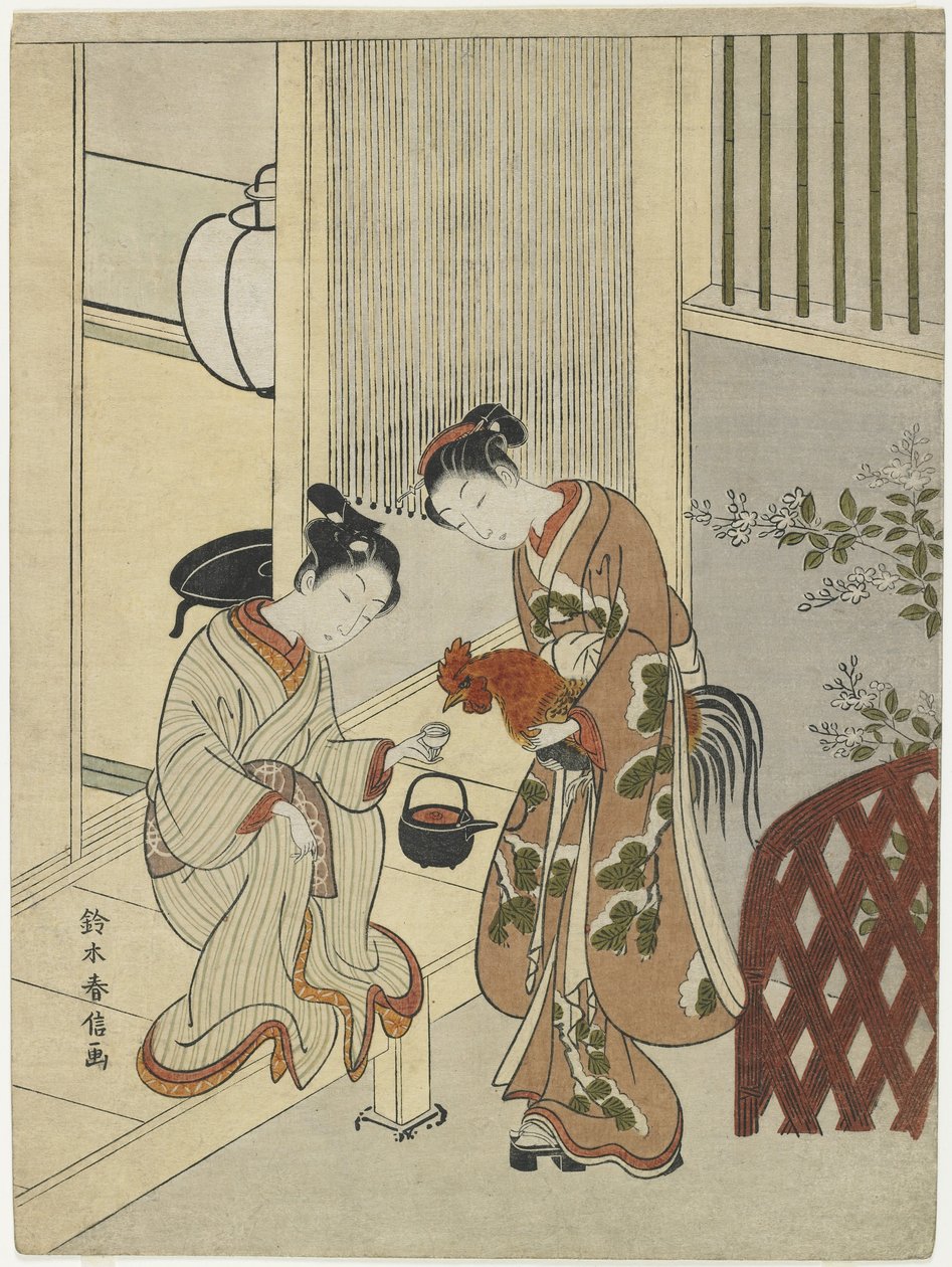 Liebende, die einen Hahn mit Sake versorgen, um 1767 von Suzuki Harunobu