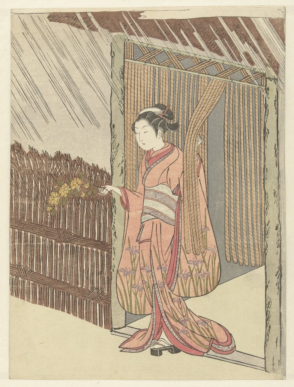 Mädchen mit einem Yamabuki-Zweig in den Händen von Suzuki Harunobu