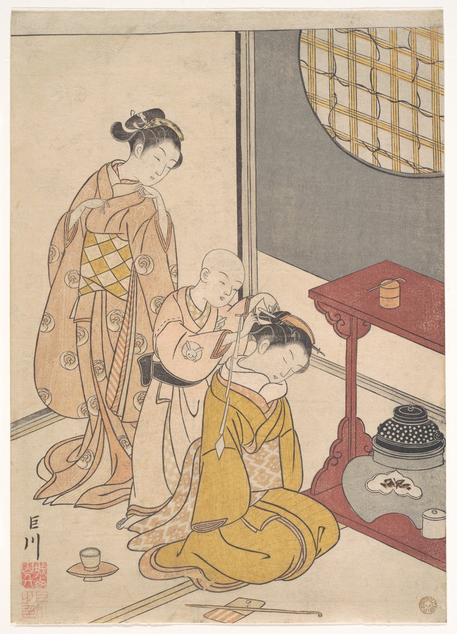 Nachtregen am Doppelregal, aus der Serie Acht Salonansichten von Suzuki Harunobu