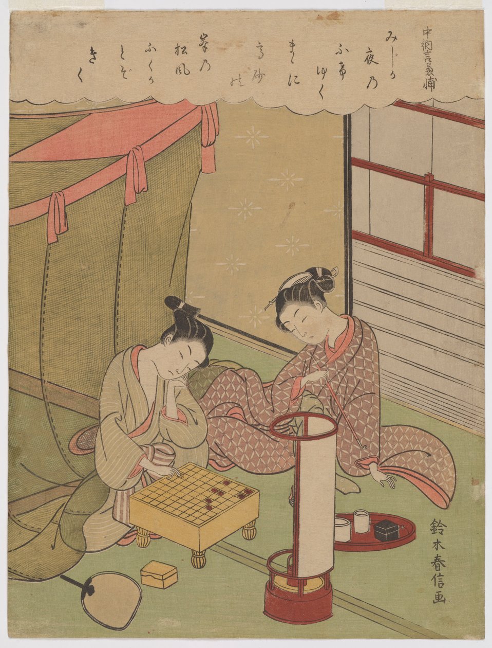 Oiran und ein Jüngling beim Shogi-Spiel an einem Sommerabend in Yoshiwara von Suzuki Harunobu
