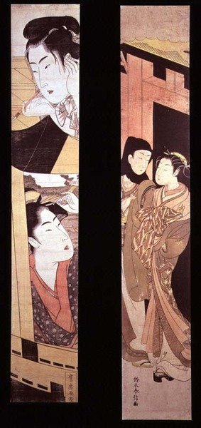 Die Verabredung: Zwei Liebende an einem Tor, ca. 1768 (Farbholzschnitt) von Suzuki Harunobu