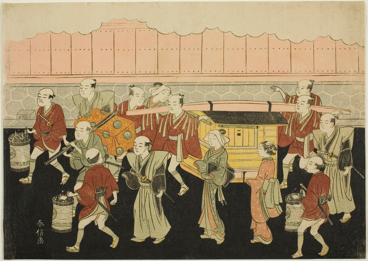 Die Braut reitet im Sänfte zum Haus ihres Mannes (Koshi-iri), das dritte Blatt der Serie "Ehe in Brokatdrucken, die Kutsche der tugendhaften Frau (Konrei nishiki misao-guruma)" von Suzuki Harunobu