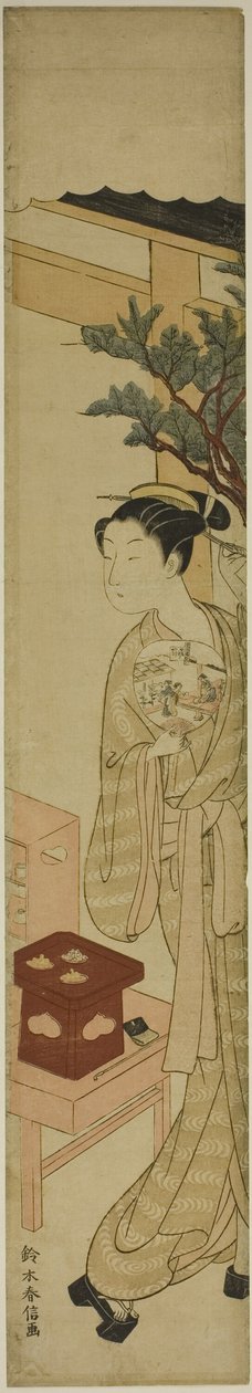 Die Kellnerin Osen vom Kagiya-Teesalon mit einem Fächer von Suzuki Harunobu