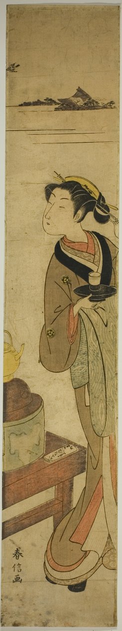 Die Kellnerin Osen aus dem Kagiya-Teeladen bringt eine Tasse Tee von Suzuki Harunobu