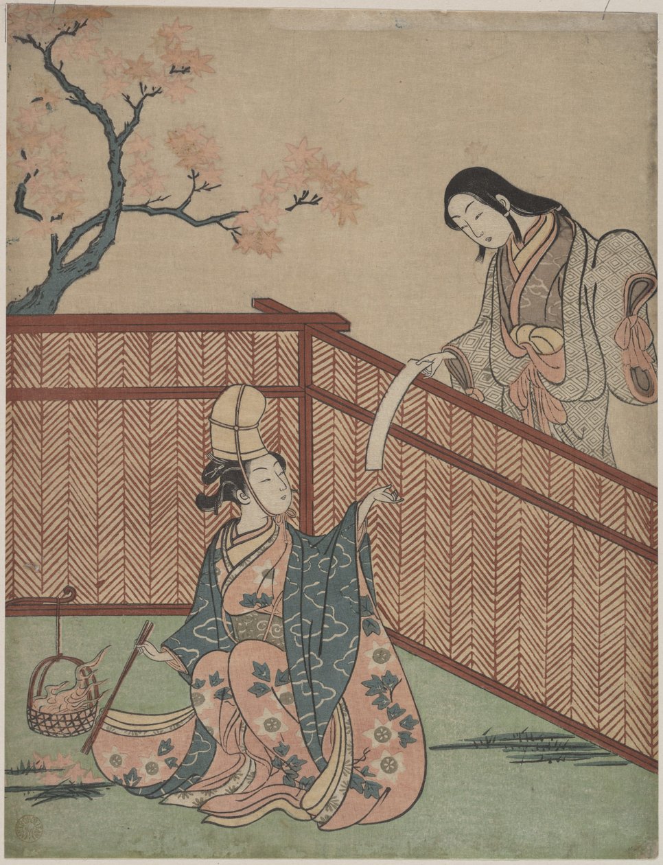 Sake-Erwärmung durch Ahornblattfeuer von Suzuki Harunobu