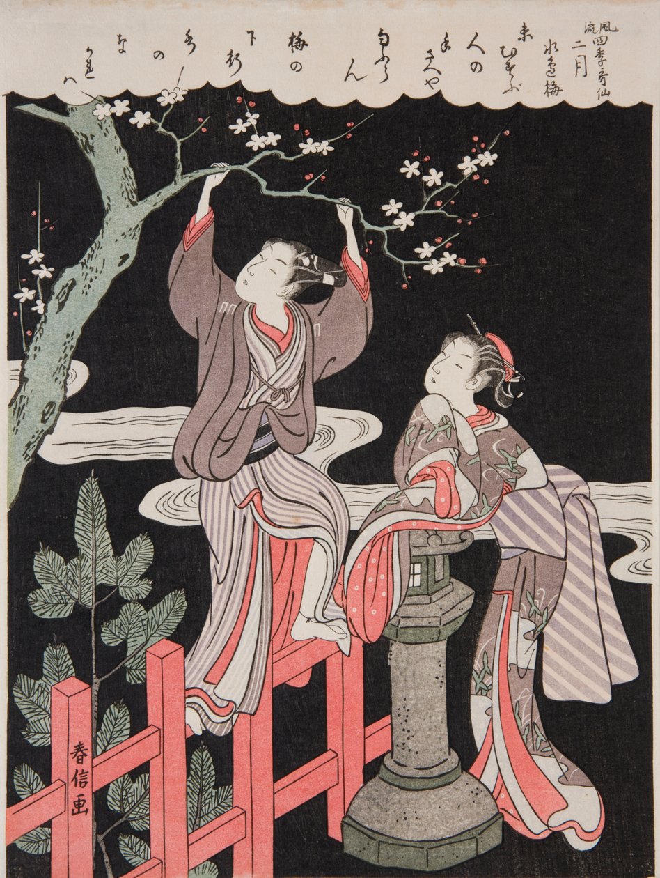 Frühling (Februar). Jüngling, der einen blühenden Pflaumenzweig für seine Geliebte pflückt, aus der Serie: Vornehme Gedichte der vier Jahreszeiten von Suzuki Harunobu