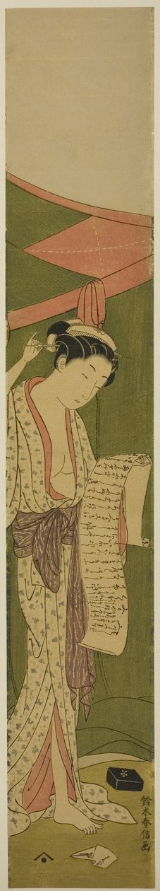 Frau steht neben einem Moskitonetz und liest einen Brief von Suzuki Harunobu