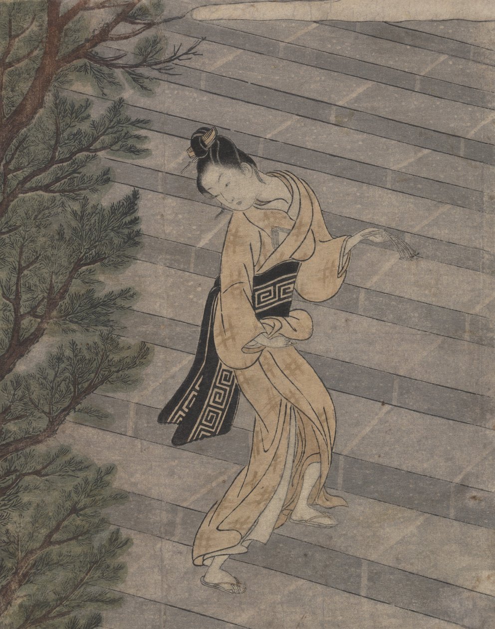 Junge Frau steigt Steintreppen zu einem Shinto-Tempel hinauf von Suzuki Harunobu