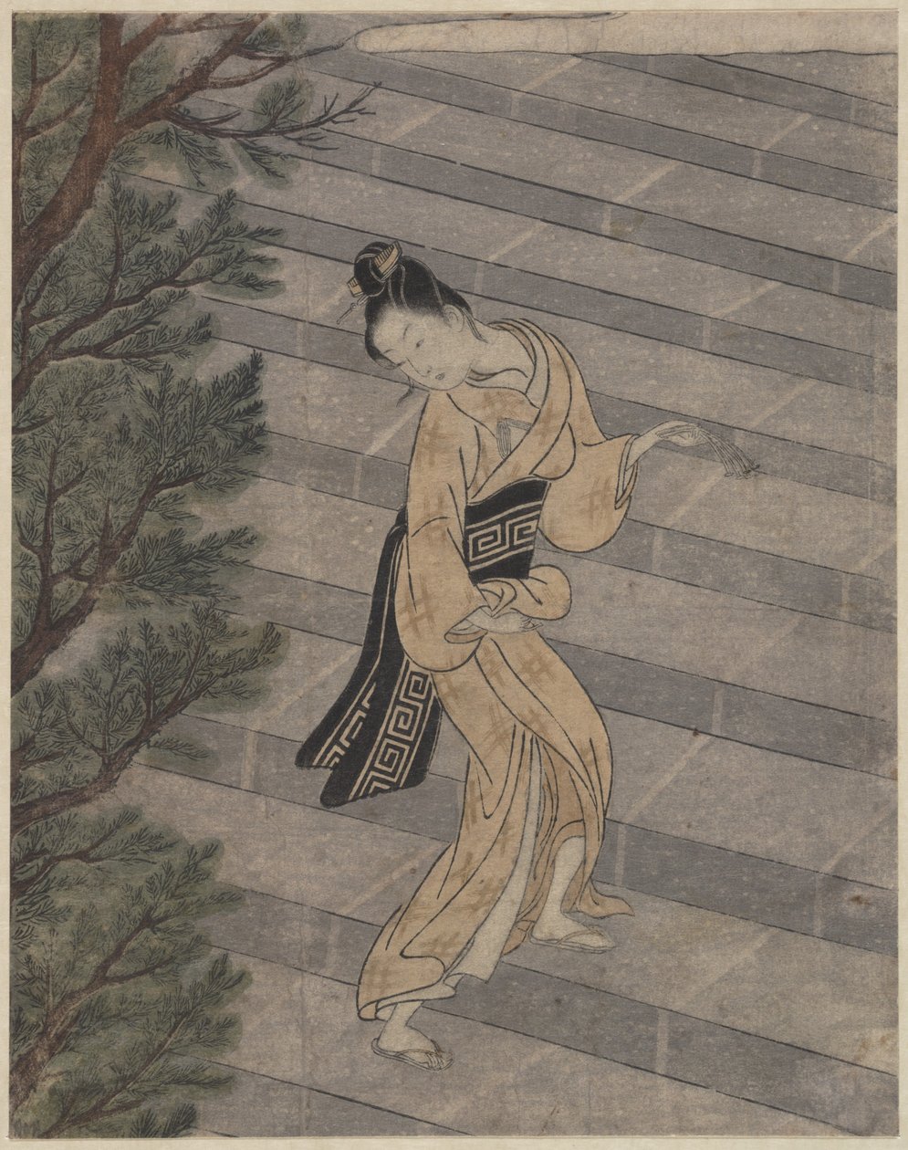 Junge Frau steigt Steintreppen zu einem Shinto-Tempel hinauf von Suzuki Harunobu