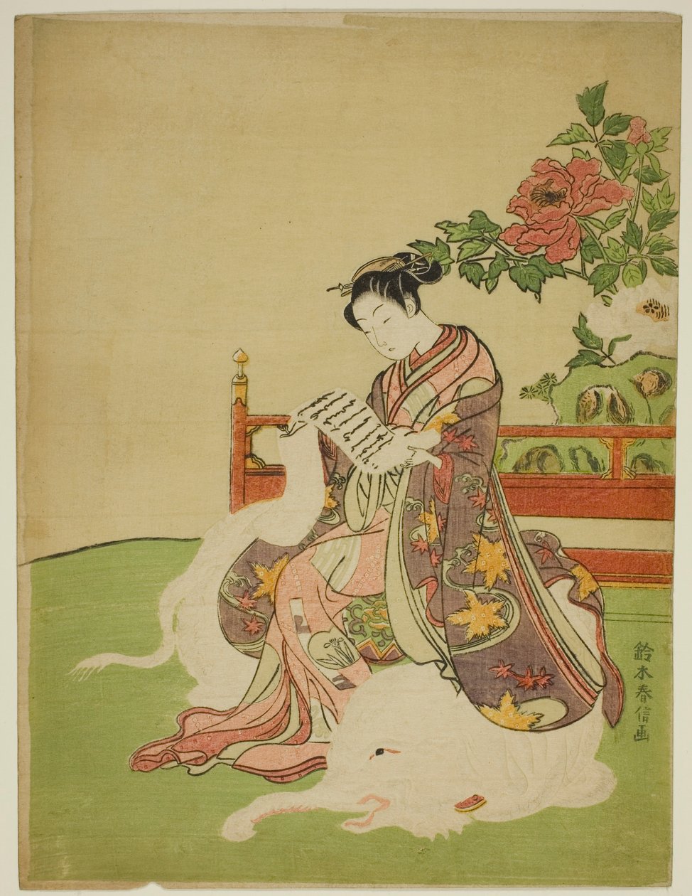 Junge Frau auf einem weißen Elefanten sitzend (Parodie auf den Bodhisattva Fugen) von Suzuki Harunobu