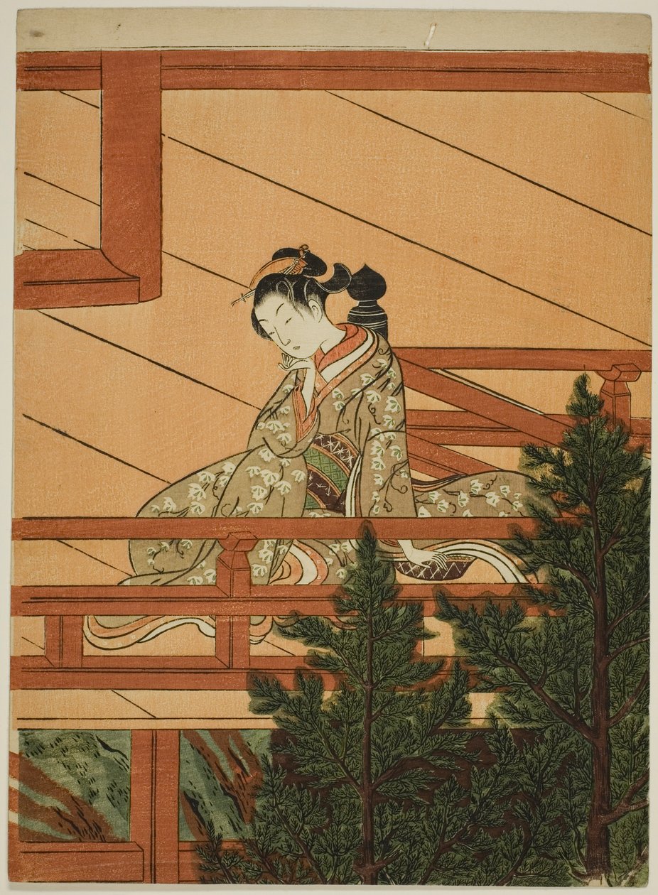 Junge Frau, die auf dem Balkon des Kiyomizu-Tempels sitzt von Suzuki Harunobu