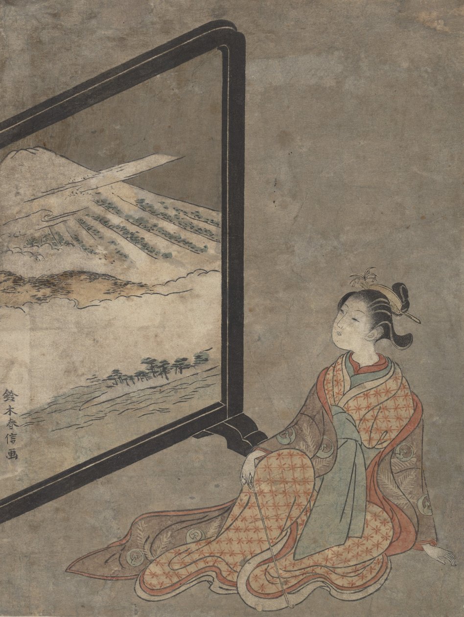 Junge Frau mit Pfeife in der Hand, die auf eine Landschaft auf einem Bildschirm schaut von Suzuki Harunobu