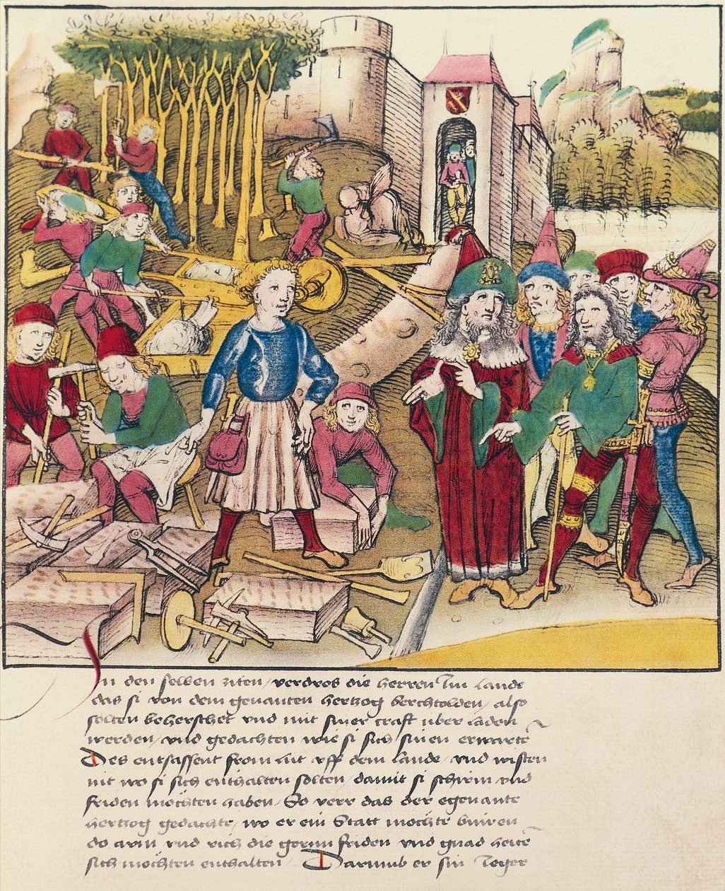 Gründung der Stadt Bern im Jahr 1191, Miniatur aus der Spiezer Bilderchronik, Schweiz von Swiss School
