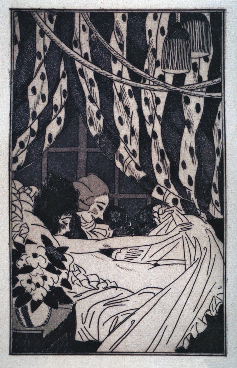 Erotik: Giacomo Casanova (1725-1798) hebt die Laken, um seine nackte Geliebte zu betrachten, frühes 20. Jahrhundert (Radierung) von Sylvain Sauvage