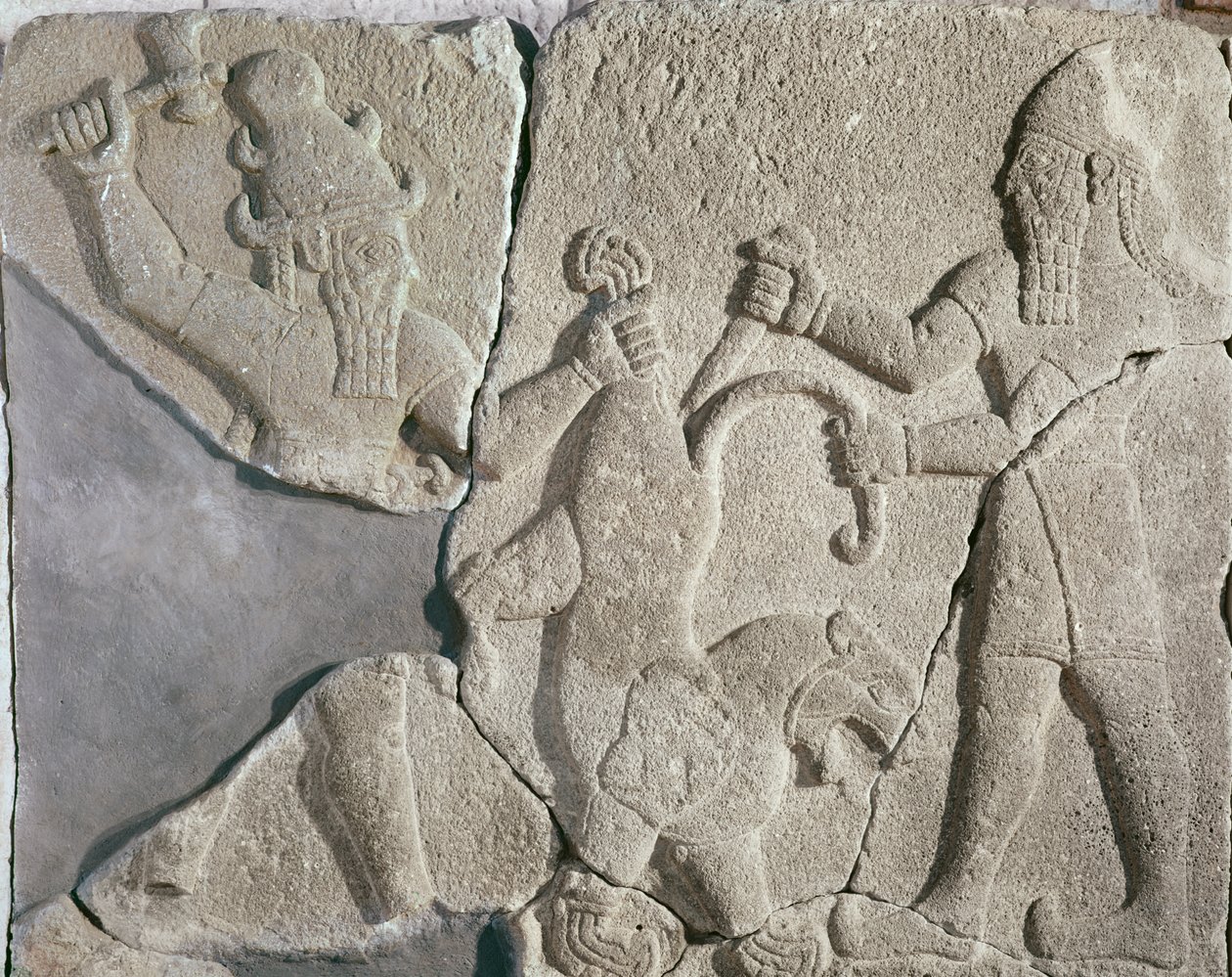 Der König und ein Gott jagen einen Löwen von Syrian School