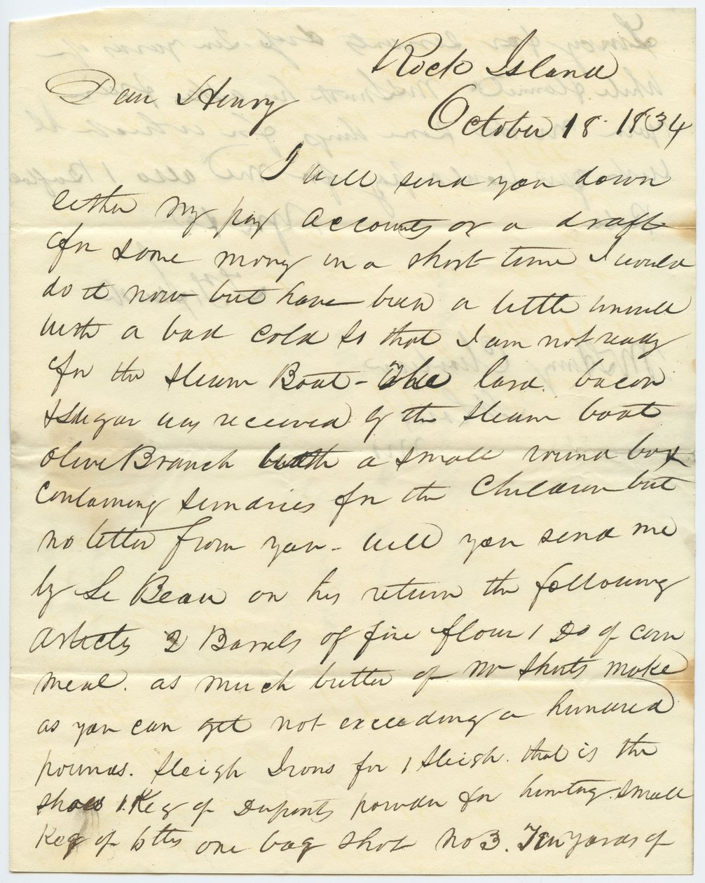 Brief unterzeichnet T.F. Smith, Rock Island, an Henry Chouteau, St. Louis, Mo., 18. Oktober 1834 von T.F. Smith