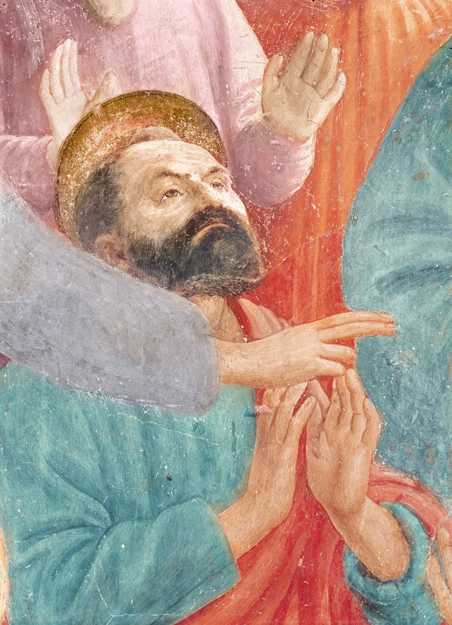 Der Kopf des St. Paulus, aus der Auferweckung des Sohnes des Theophilus und St. Petrus als erster Bischof von Antiochia, ca. 1427 und ca. 1484-85 (Detail) von Tommaso Masaccio