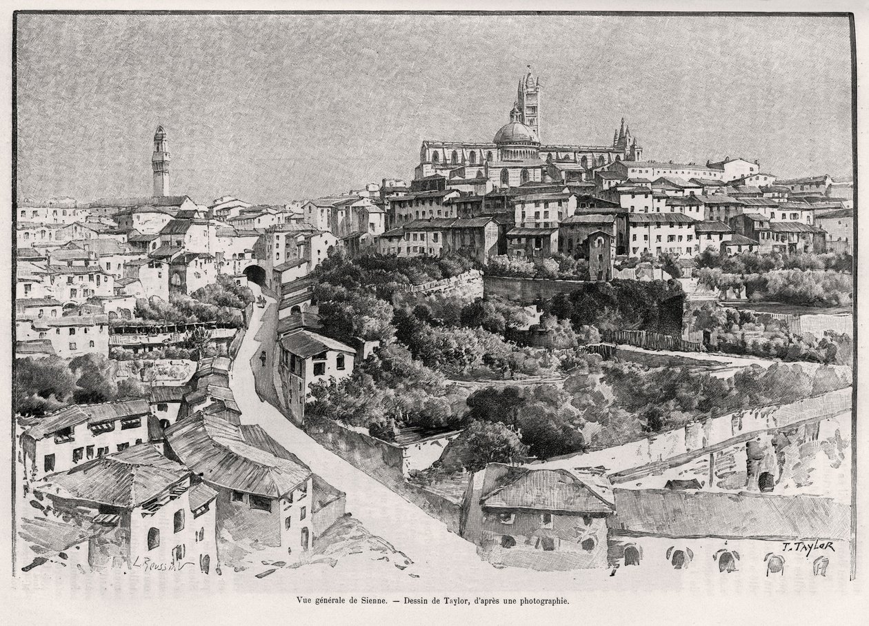 Gesamtansicht von Siena (Italien). Gravur von Taylor zur Illustration der Geschichte „A travers la Tuscane“ von Eugene Muntz (1845-1902), in Le tour du Monde 1892, unter der Leitung von Edouard Charton (1807-1891), Hachette, Paris. von T Taylor