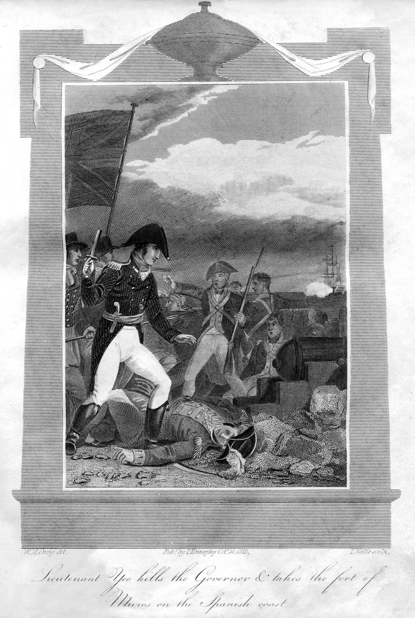 Leutnant Yeo tötet den Gouverneur und nimmt das Fort von Muros an der spanischen Küste, 1816 von T. Wallis