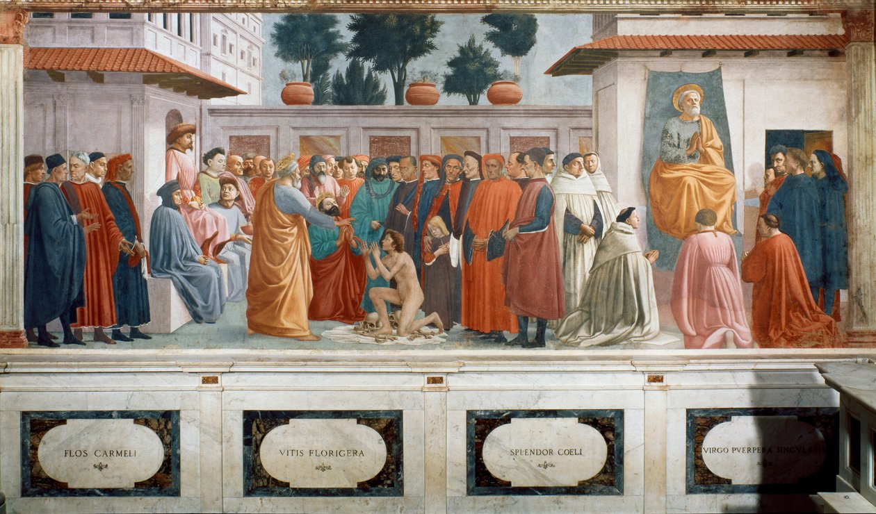 Die Auferweckung des Sohnes des Theophilus, des Königs von Antiochia, und St. Peter als erster Bischof von Antiochia, ca. 1427 und ca. 1480 von T. Masaccio, F. Lippi