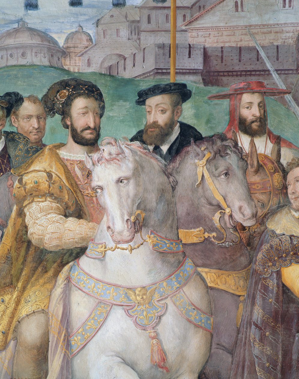 (Detail) Der feierliche Einzug von Kaiser Karl V., Franz I. und Alessandro Farnese in Paris im Jahr 1540, aus der Sala dei Fasti Farnese, 1557-66 von Taddeo Zuccari