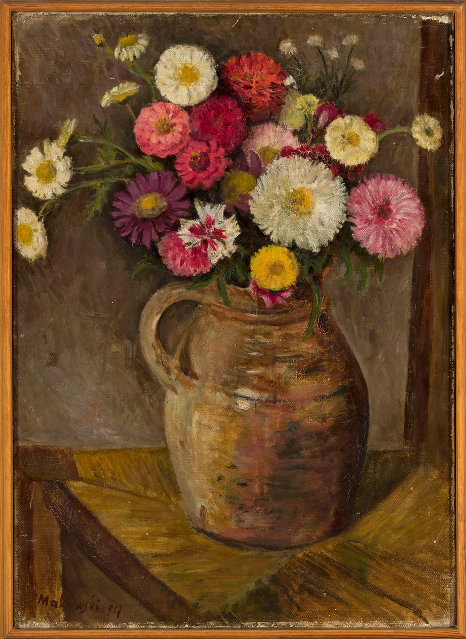 Astern und Zinnien in einem Tontopf von Tadeusz Makowski