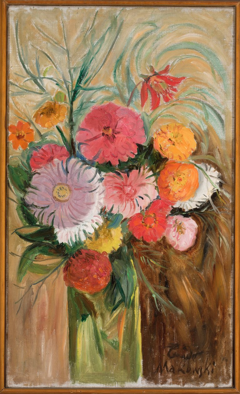 Zinnien und Astern in einem Glasgefäß von Tadeusz Makowski