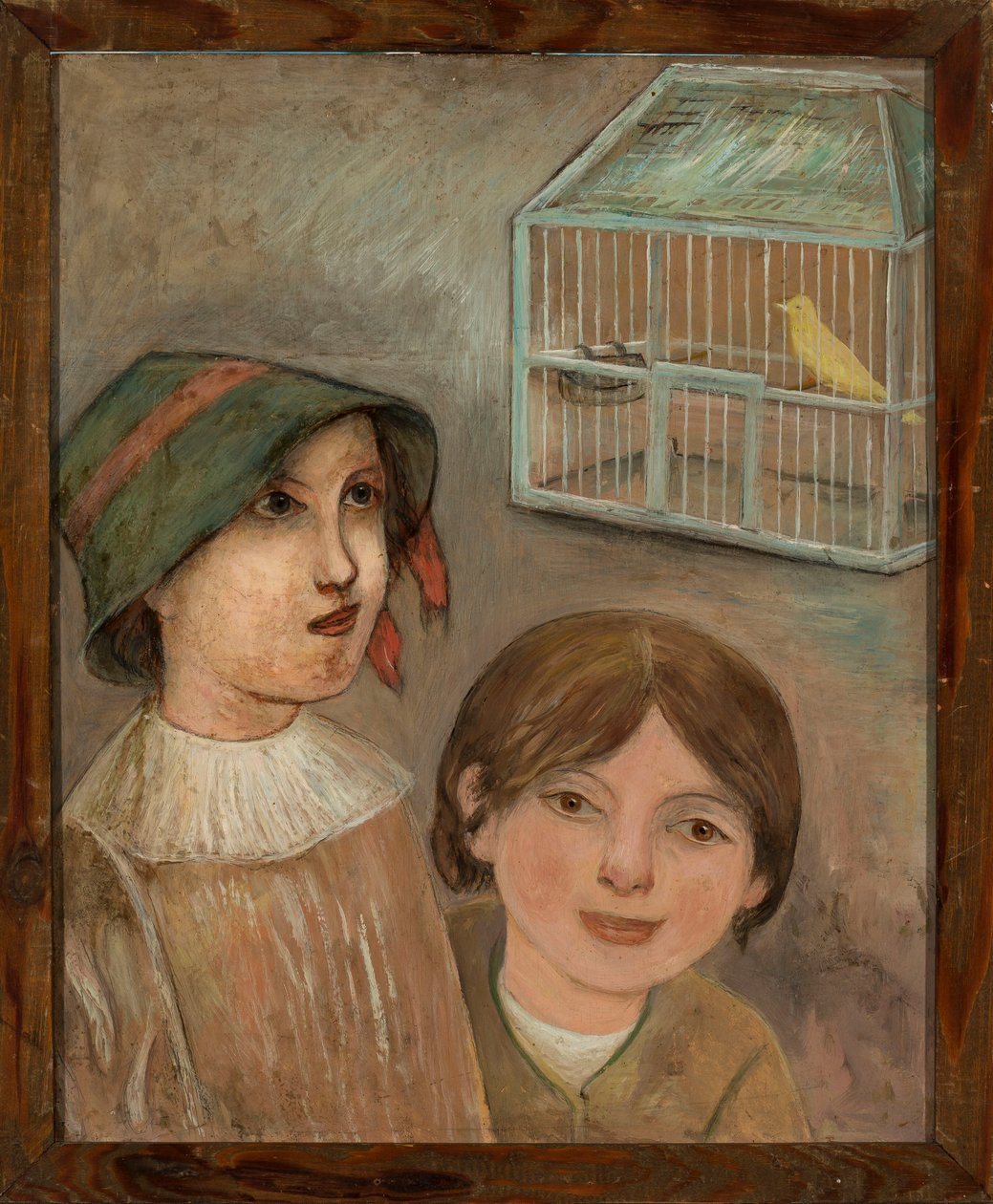Zwei Mädchen unter einem Käfig mit einem Kanarienvogel von Tadeusz Makowski