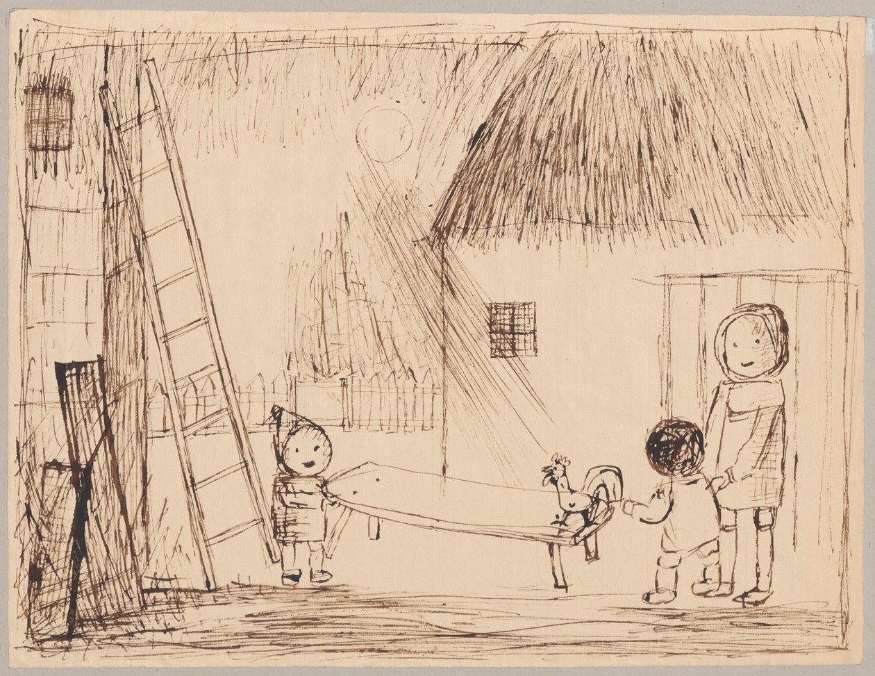 Drei Kinder mit Hahn im Hof von Tadeusz Makowski