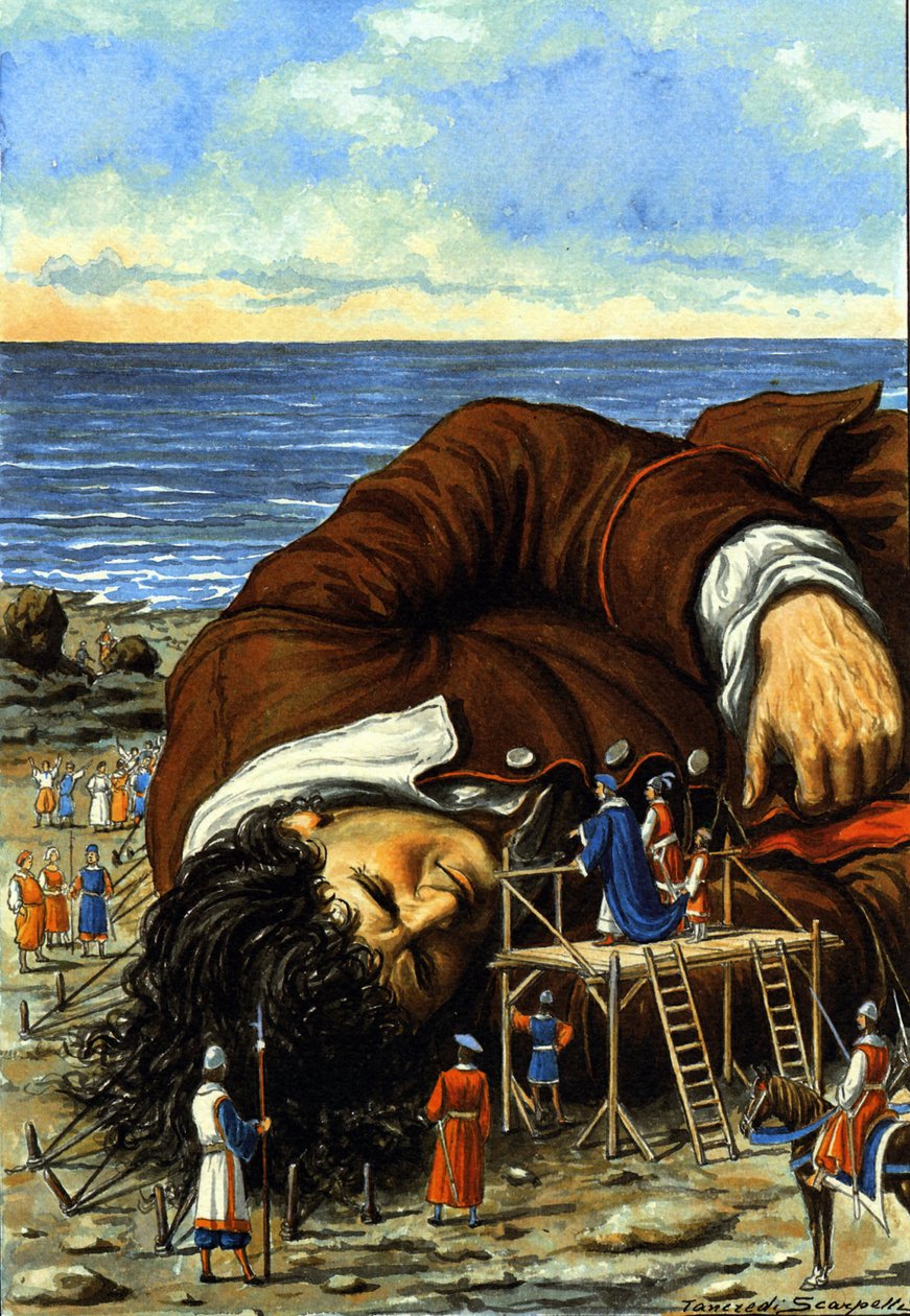 Illustration zur Geschichte Gullivers Reisen von Jonathan Swift. Die Bewohner von Lilliput fesseln den Riesen Gulliver. Zeichnung von Tancredi Scarpelli, 20. Jahrhundert. von Tancredi Scarpelli