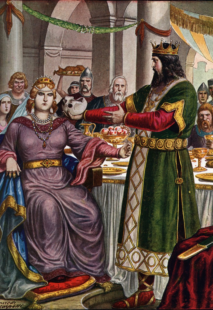 Der Langobardenkönig Alboin zwingt seine Frau, aus dem Schädel seines Vaters zu trinken von Tancredi Scarpelli